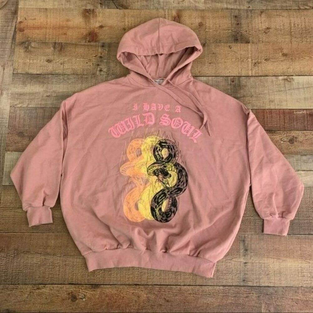 Bershka womens pink hooded sweatshirt pullover hoodie in pink with a snake - S